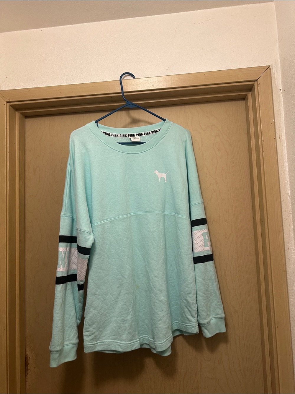PINK Victoria's Secret Mint Green Long Sleeve Sweatshirt with Sleeve Stripes